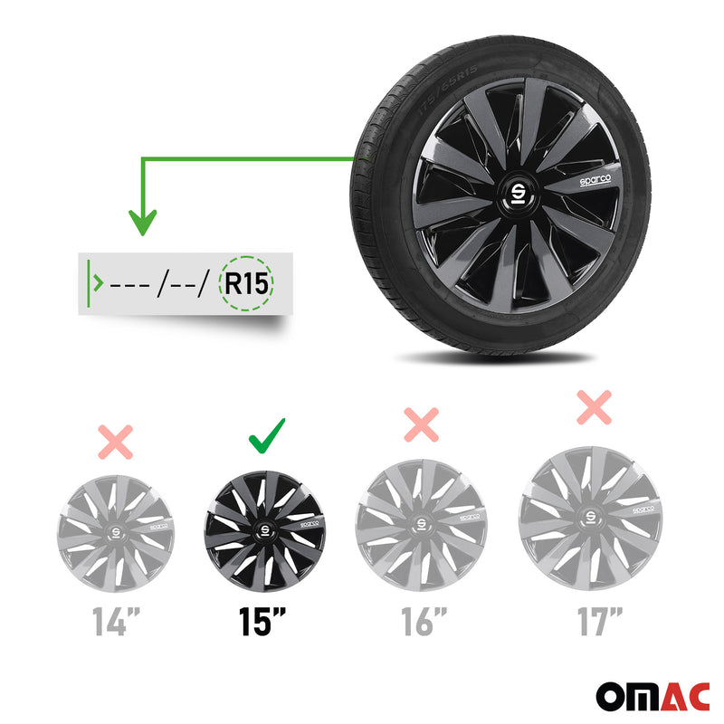 SPARCO Jeu Enjoliveurs de Roues 15 Pouces en ABS Noir Gris 4 piéces