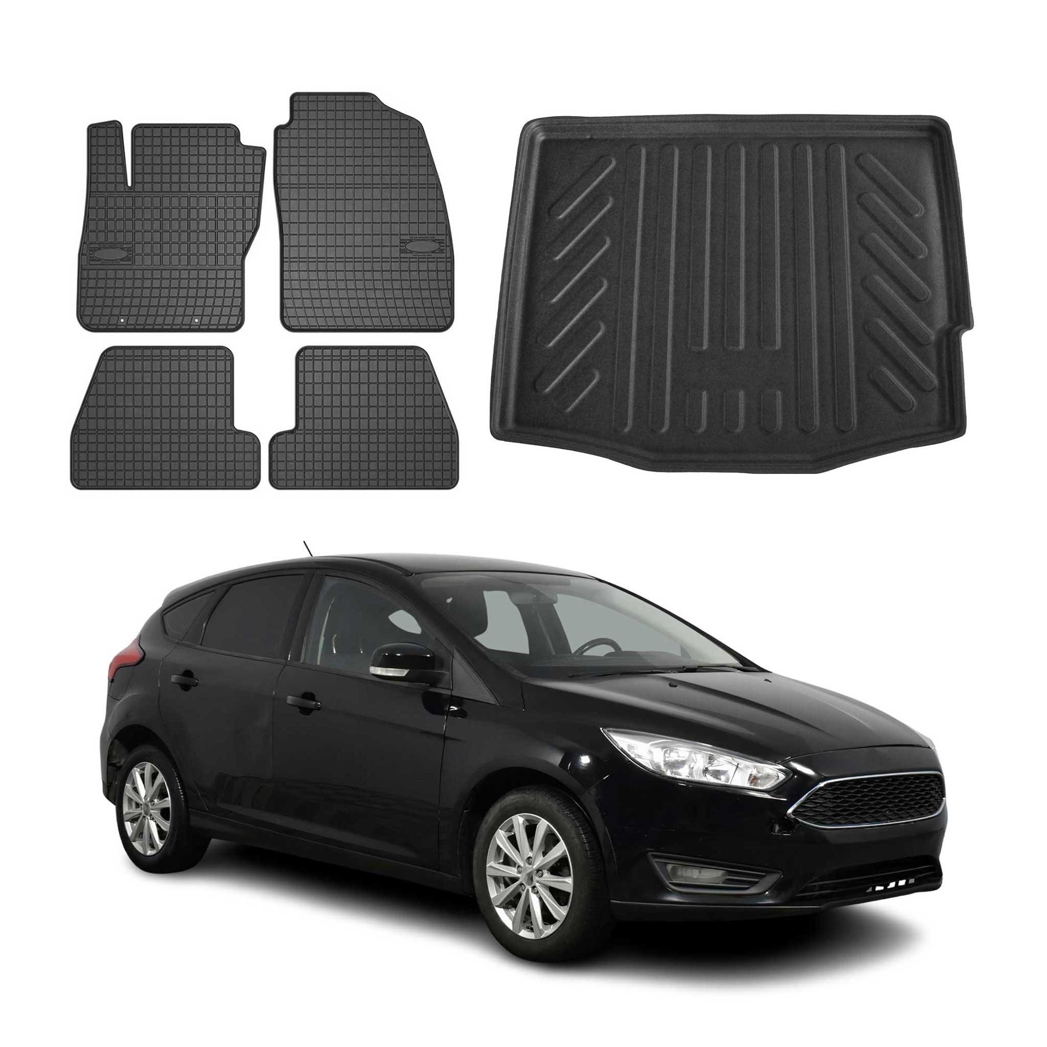 Kit Tapis de sol et coffre pour Ford Focus mk3 2011-2018 5Portes TPE Noir