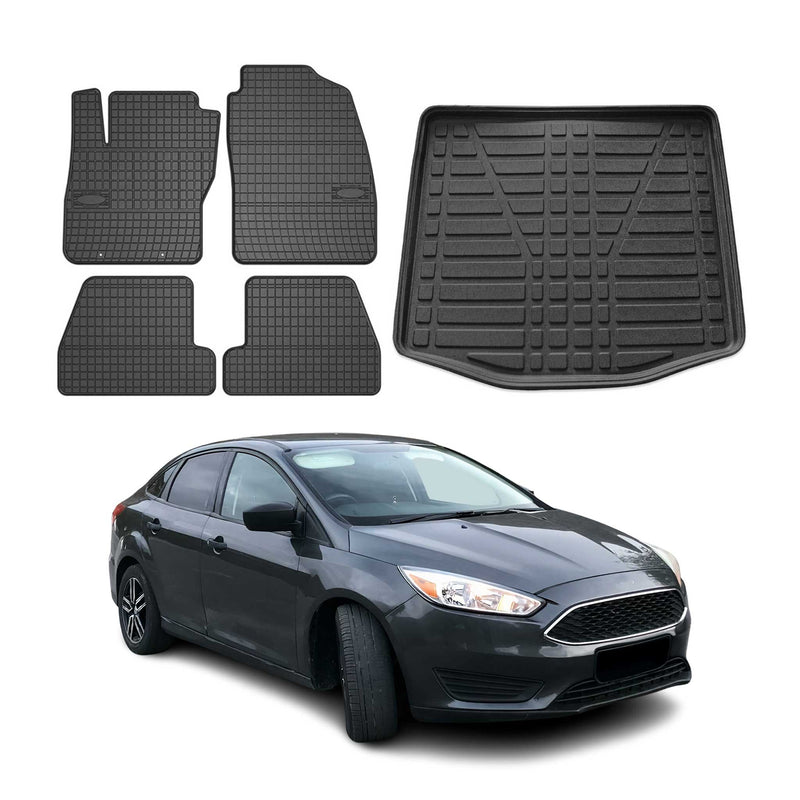 Kit Tapis de sol et coffre pour Ford Focus mk3 2011-2018 Berline TPE Noir
