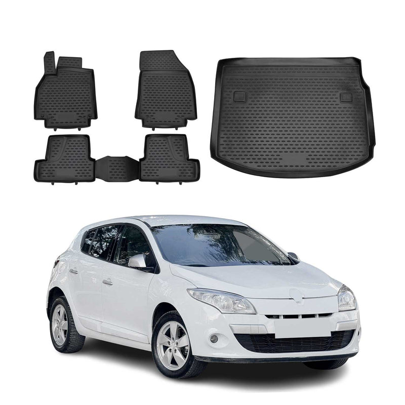 Kit Tapis de sol et coffre pour Renault Megane 2010-2016 HB en Caoutchouc Noir