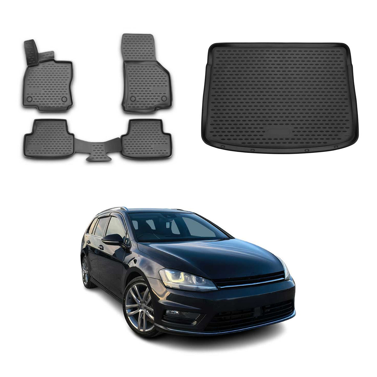 Kit Tapis de Sol et Coffre pour VW Golf VII Break 2012-2019 supérieure Noir TPE