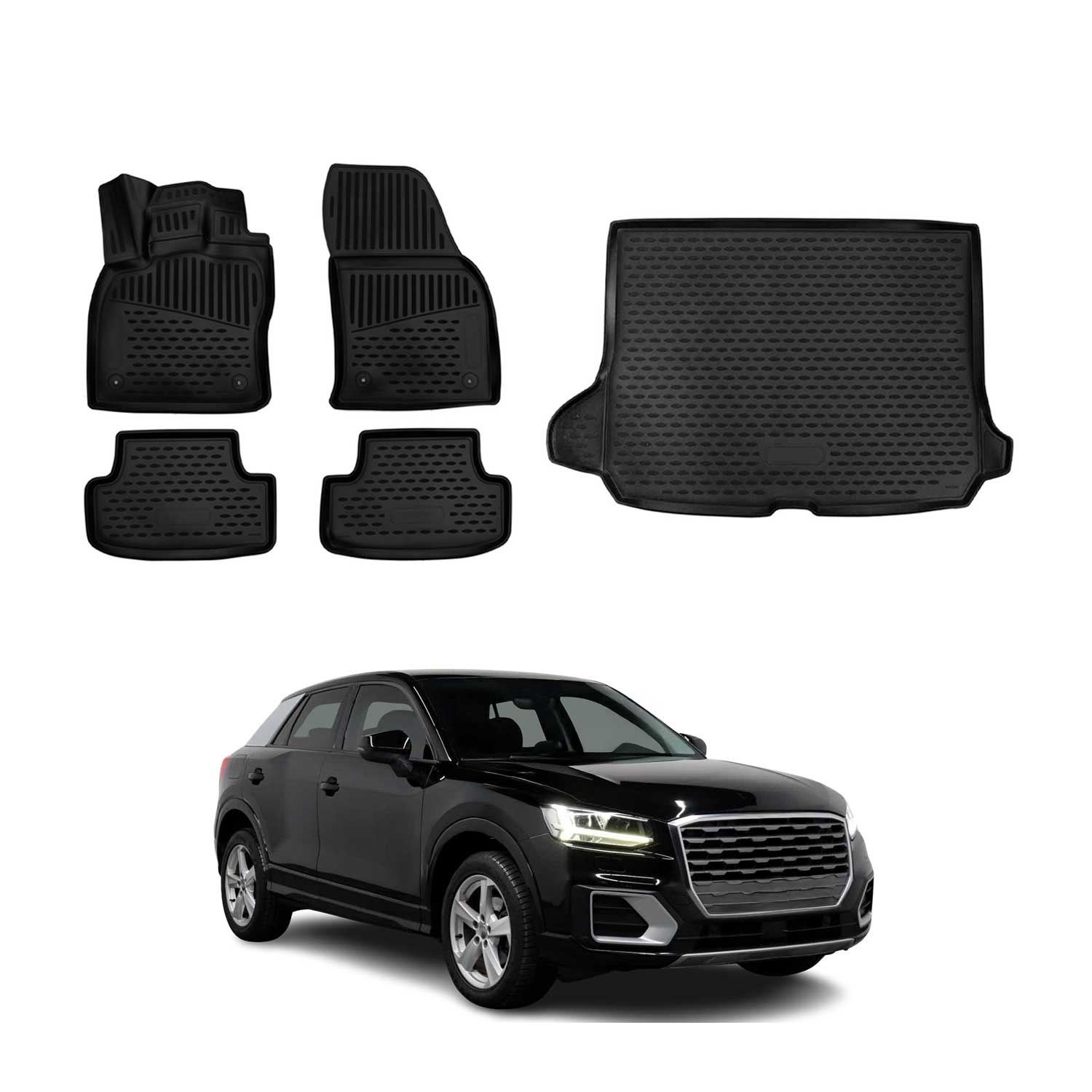 Kit Tapis de sol et coffre pour Audi Q2 2017-2026 en Caoutchouc TPE Noir