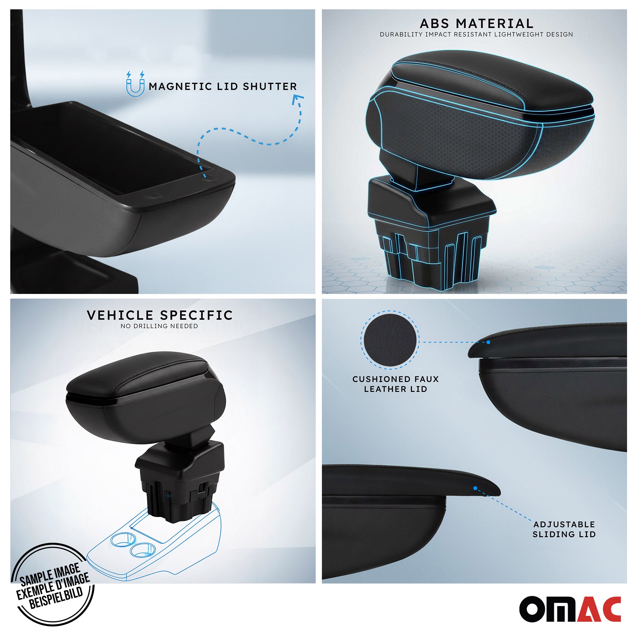 Accoudoir pour Fiat 500 500C 2015-2021 Vinyl Abs Noir Coulissant