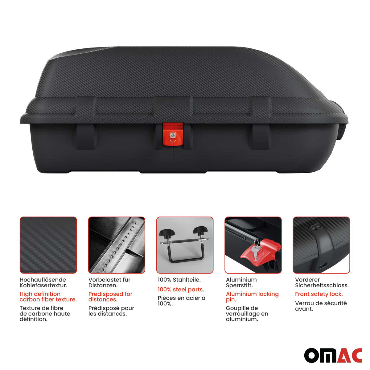 OMAC Coffre de toit 270 litres en fibre de carbone texturée homologué