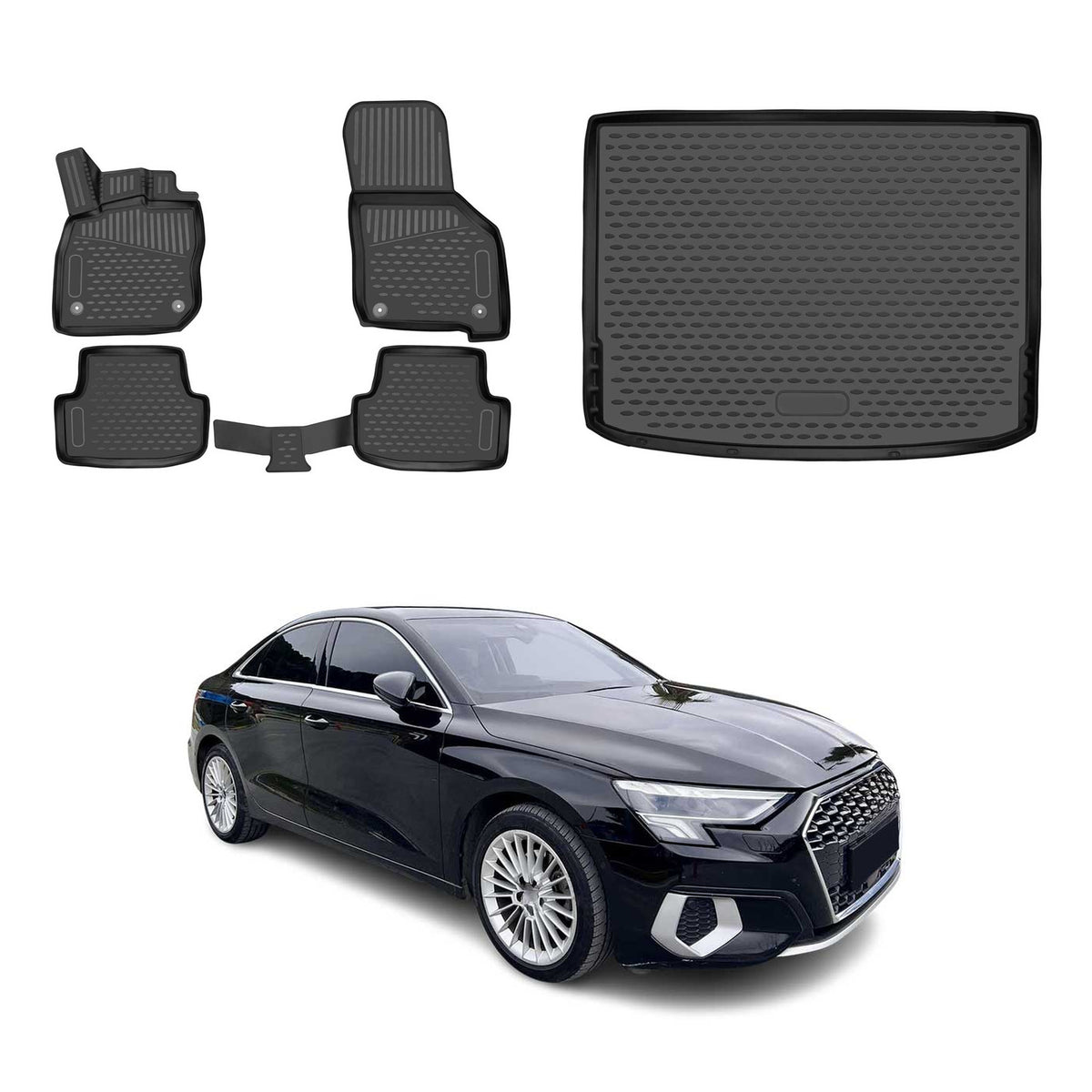 Kit Tapis de Sol et Coffre pour Audi A3 8YA Sportback 2020-2026 Hybrid Noir TPE