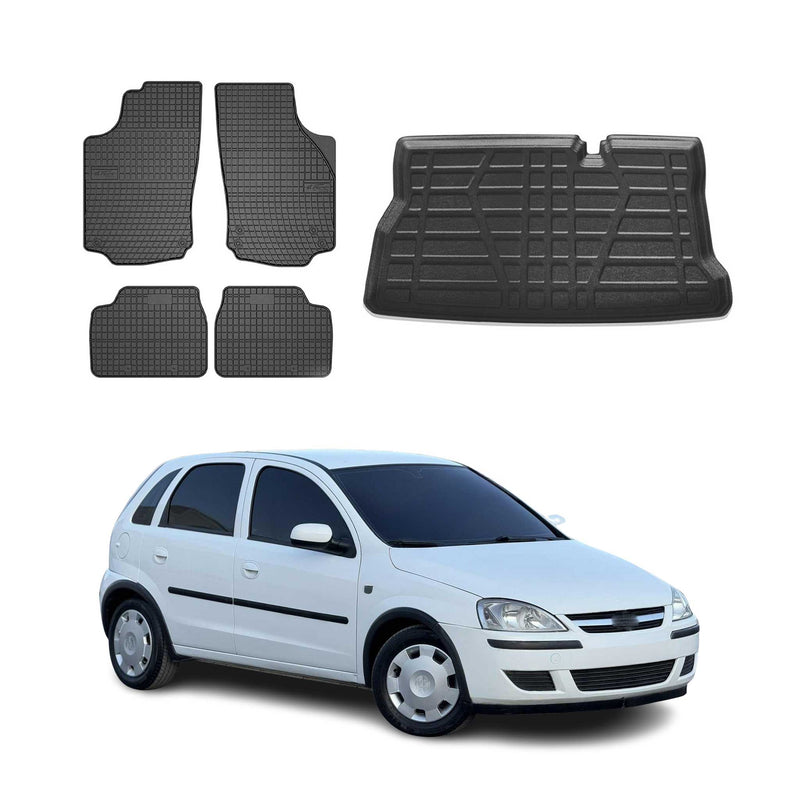Kit Tapis de sol et coffre pour Opel Corsa C 2000-2006 HB TPE Noir