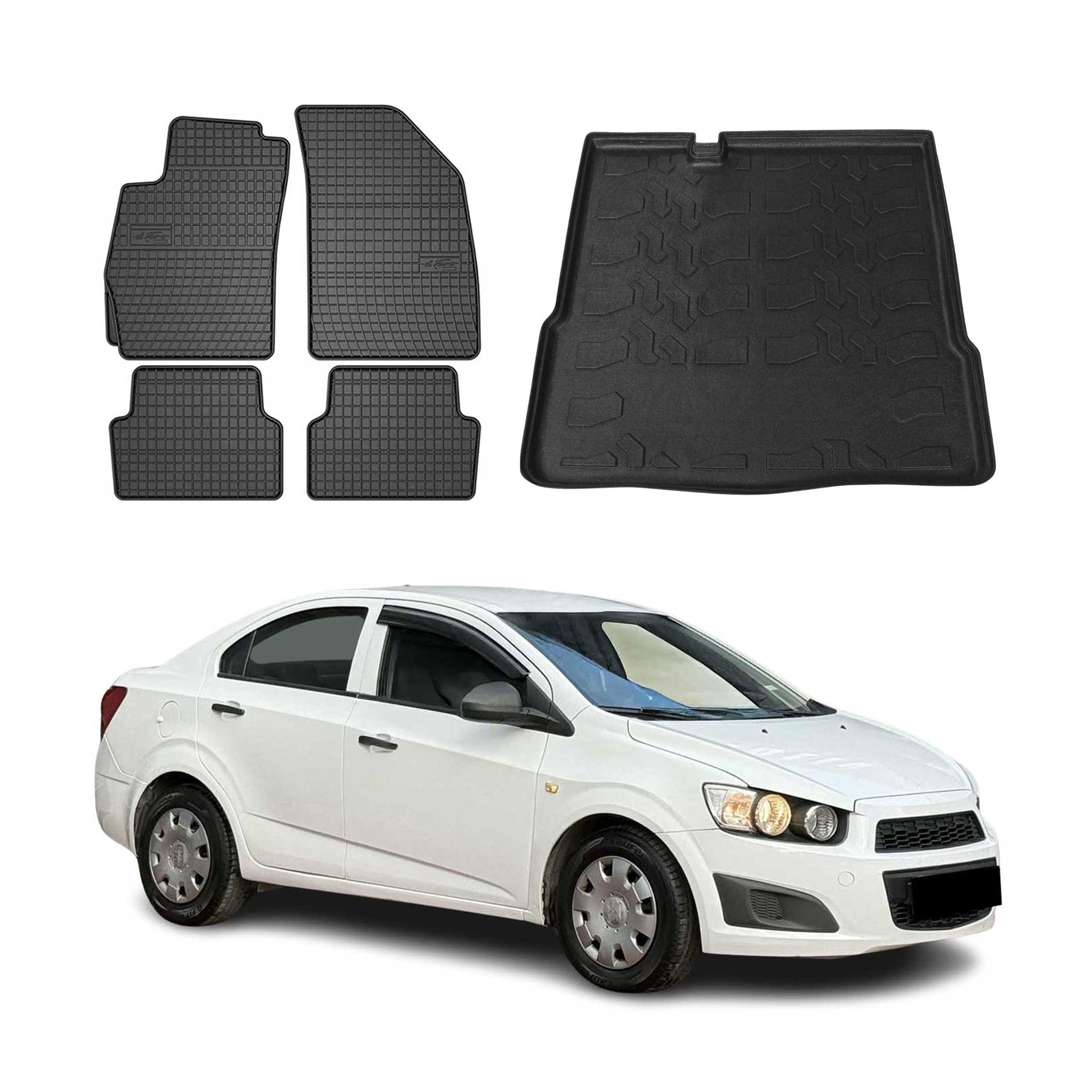 Kit Tapis de sol et coffre pour Chevrolet Aveo 2011-2024 Berline TPE Noir