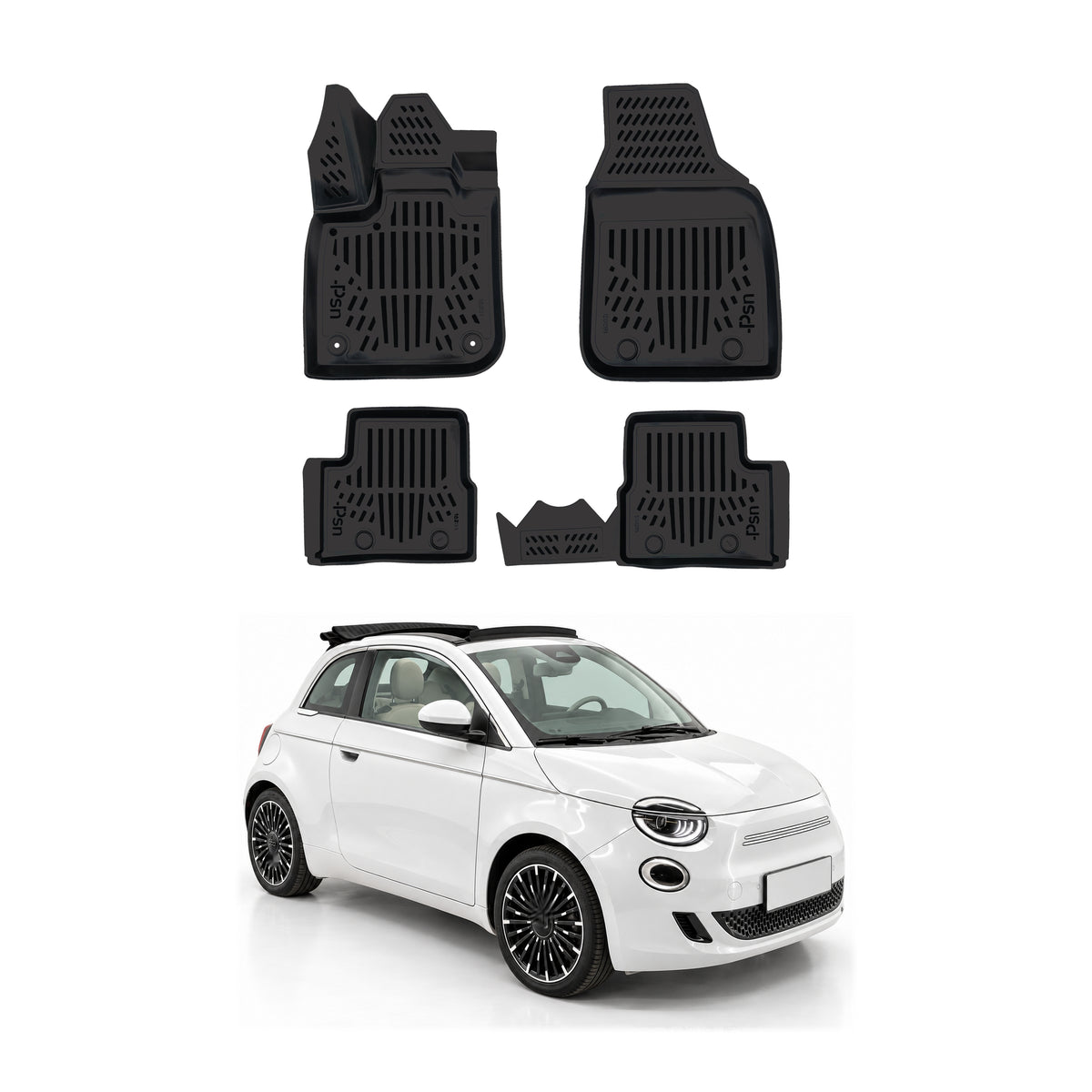 Tapis de sol pour Fiat 500-E 2020-2027 Noir 3D en Caoutchouc TPE 4Pcs