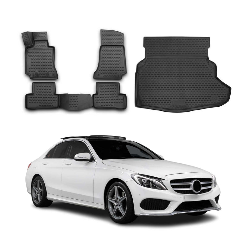 Kit Tapis de sol et coffre pour Mercedes Classe C W205 2014-2021 Caoutchouc Noir