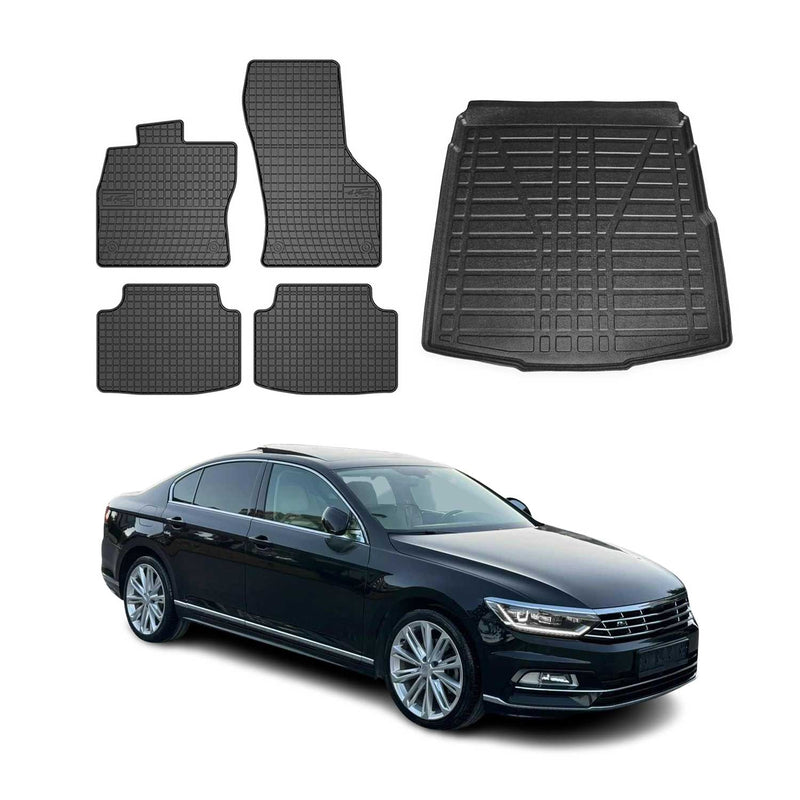 Kit Tapis de sol et coffre pour VW Passat B8 2015-2024 Berline TPE Noir