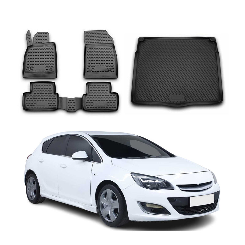 Kit Tapis de sol et coffre pour Opel Astra J 2009-2015 HB en Caoutchouc TPE Noir