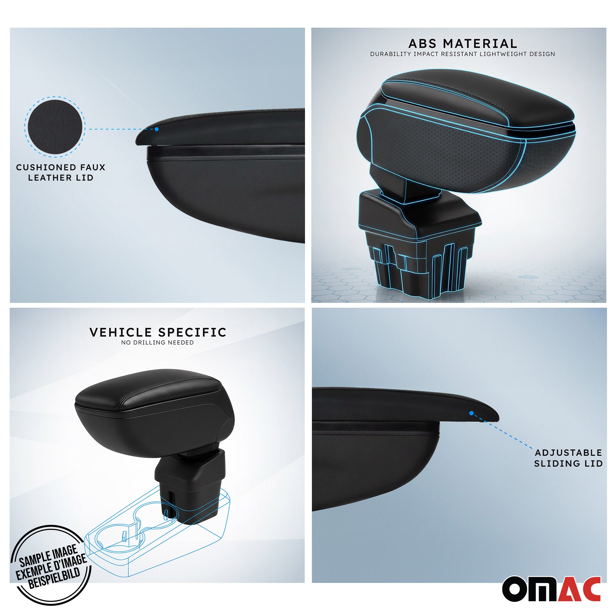 Accoudoir central Pour Fiat 500 500C 2016-2024 HB Simili-cuir Noir Coulissant