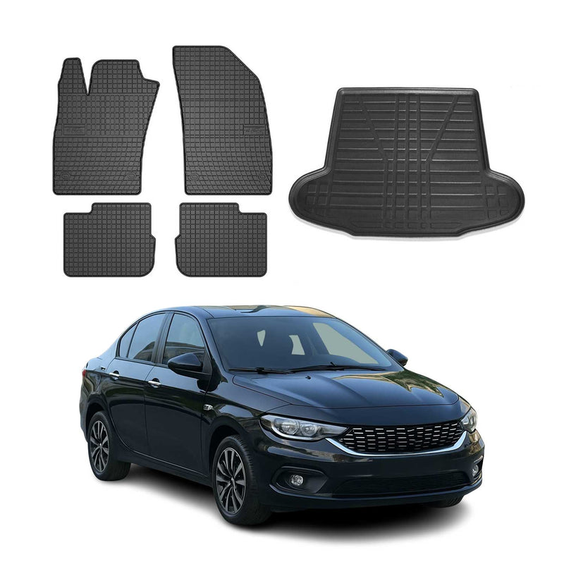 Kit Tapis de sol et coffre pour Fiat Tipo 2015-2025 Berline TPE Noir