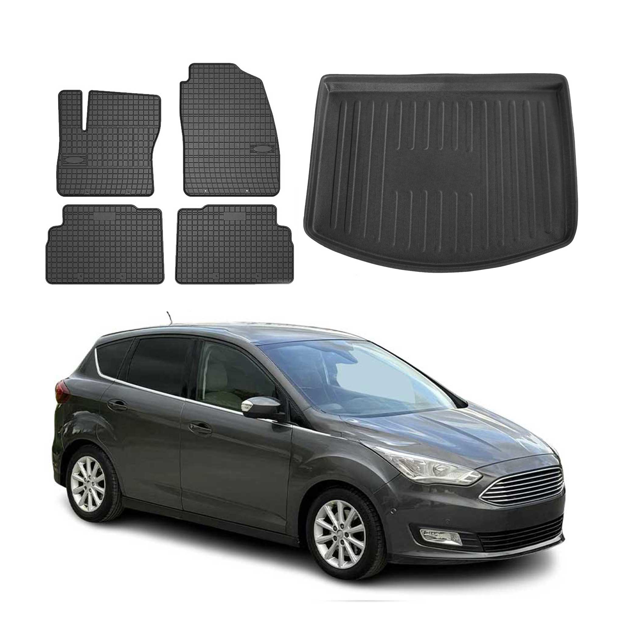 Kit Tapis de sol et coffre pour Ford C-Max 2010-2019 TPE Noir