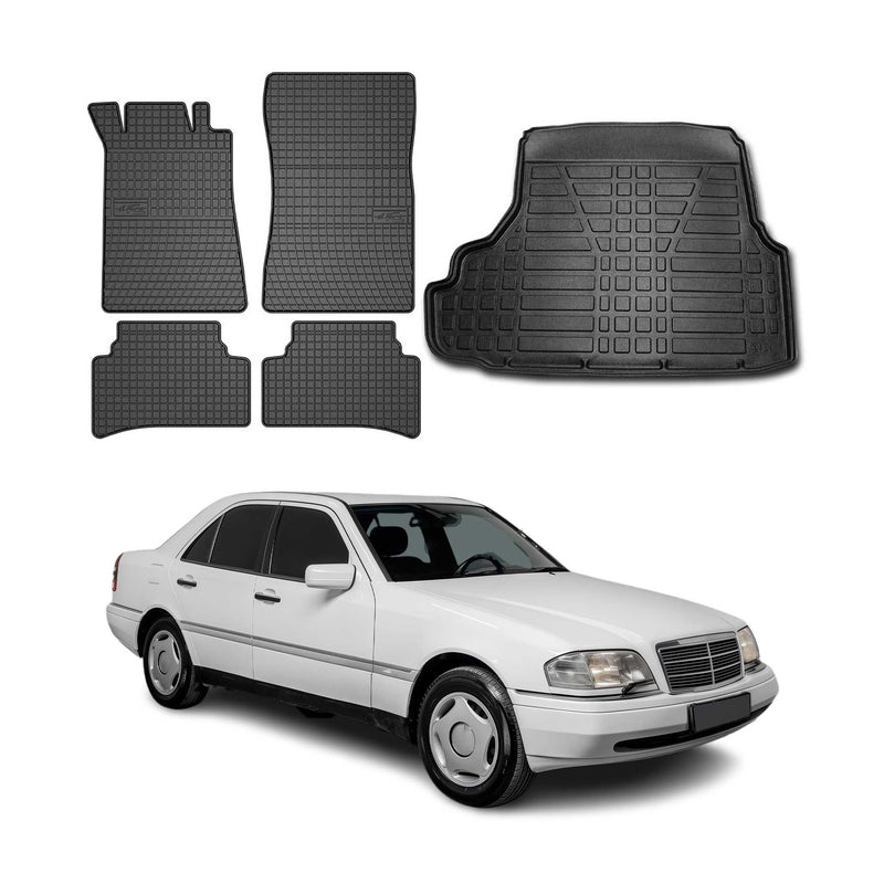 Kit Tapis de sol et coffre pour Mercedes Classe C W202 1993-2000 TPE Noir