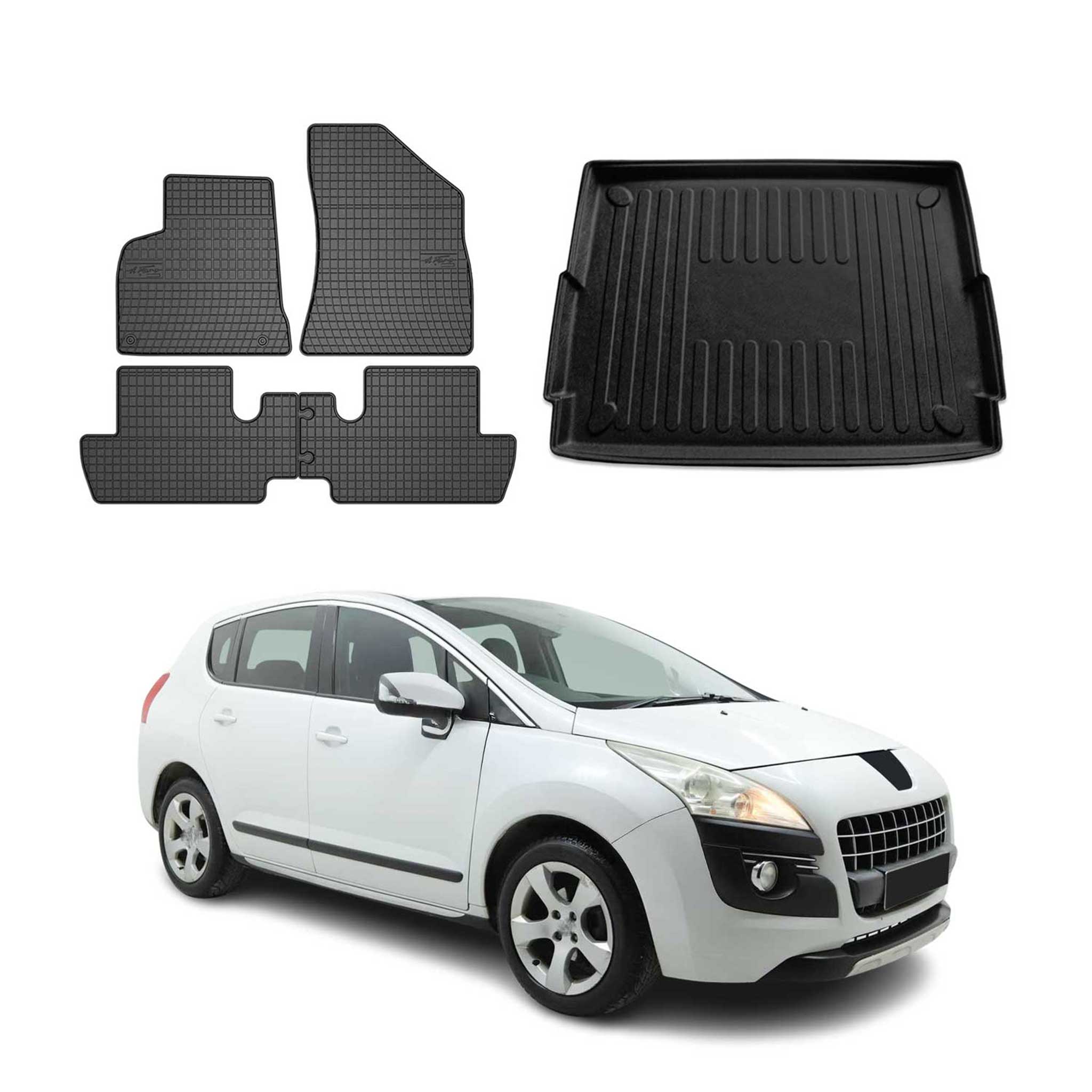 Kit Tapis de sol et coffre pour Peugeot 3008 2009-2016 en Caoutchouc Noir