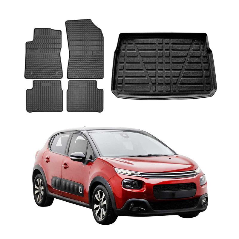 Kit Tapis de sol et coffre pour Citroen C3 2016-2024 HB TPE Noir