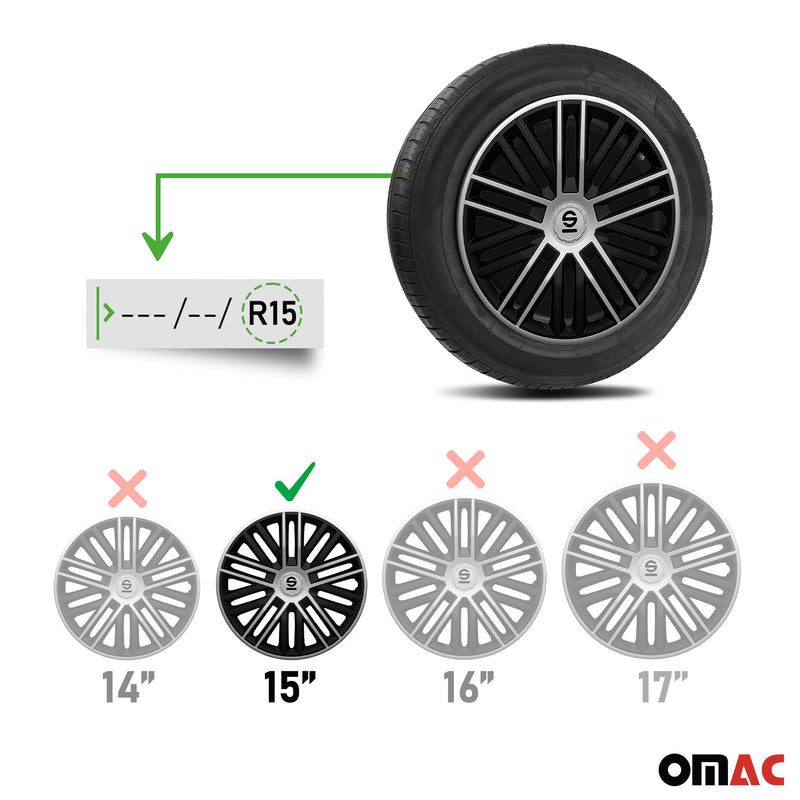 SPARCO Jeu Enjoliveurs de Roues 15 Pouces en ABS Noir Argenté 4 piéces