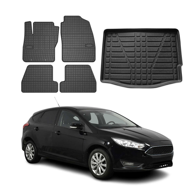 Kit Tapis de sol et coffre pour Ford Focus mk3 2011-2018 5Portes Caoutchouc Noir