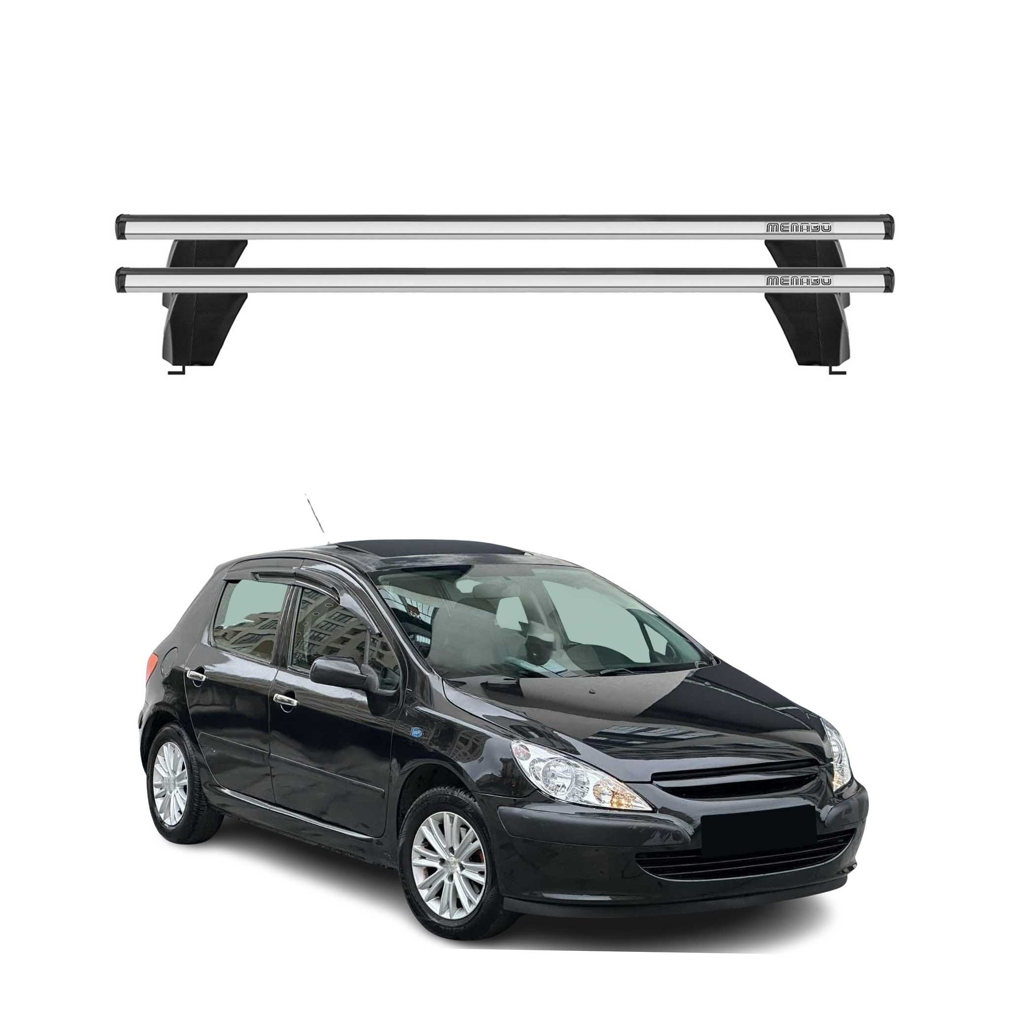 Menabo Barres de toit transversales pour Peugeot 307 2001-2009 Porte-Bagage en Alu lisse Argent 5Dr 2x TÜV