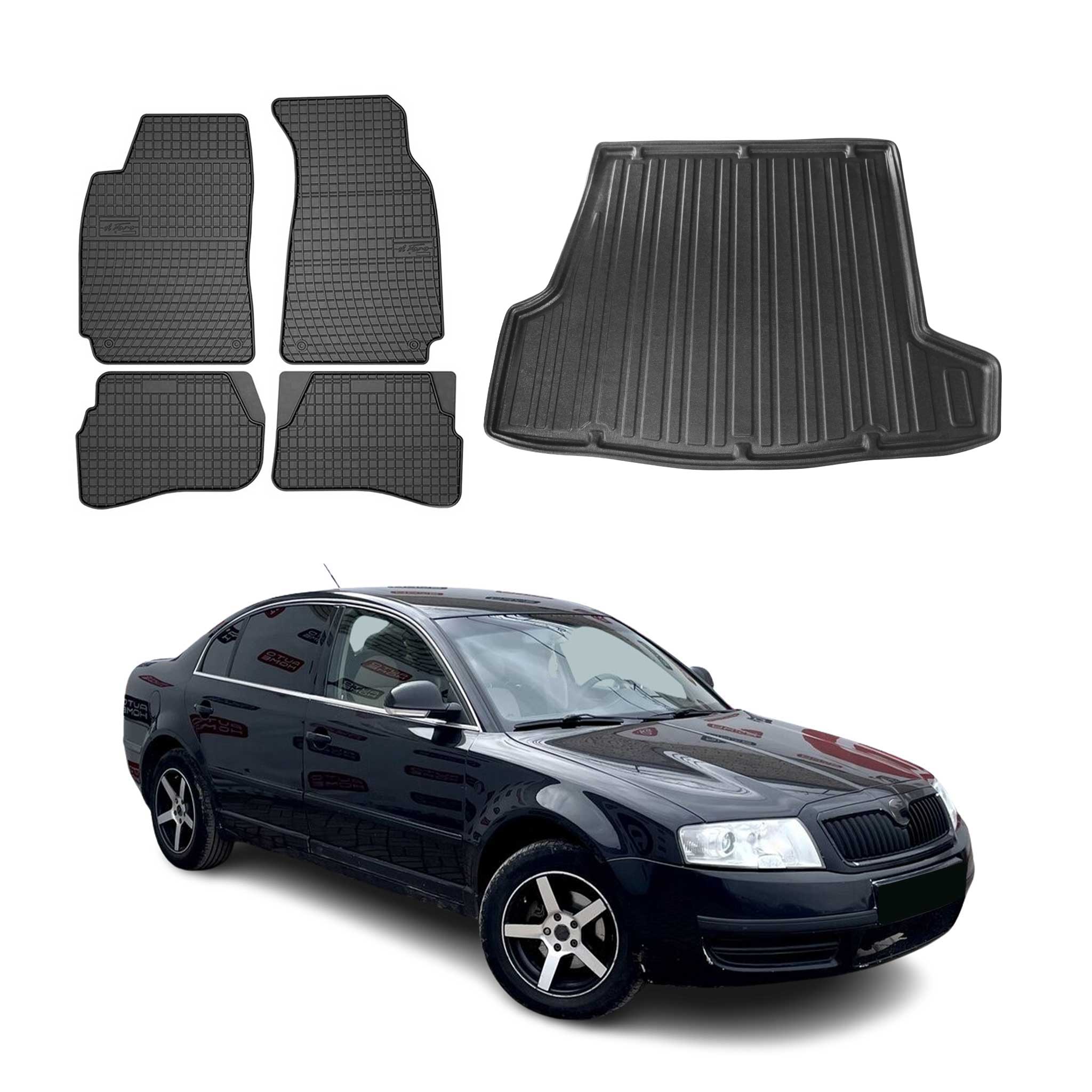 Kit Tapis de sol et coffre pour Skoda Superb 2001-2008 Berline TPE Noir