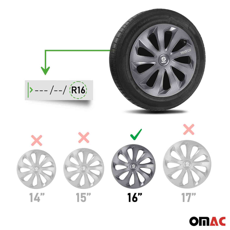 SPARCO Jeu Enjoliveurs de Roues 16 Pouces Gris Carbone en ABS 4 piéces