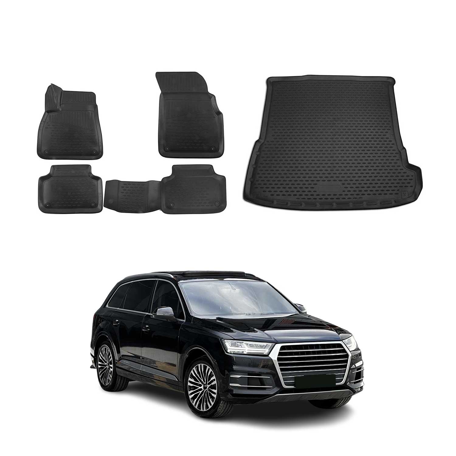 Kit Tapis de sol et coffre pour Audi Q7 4M 2015-2025 en Caoutchouc TPE Noir