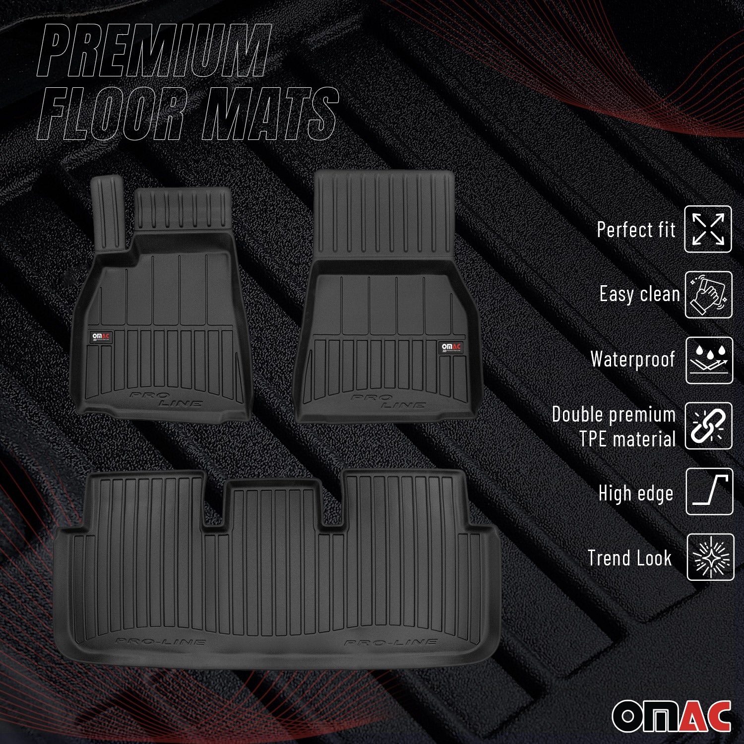 OMAC Tapis de sol noir pour TESLA MODEL S 2021-2026 3 pièces en Caoutchouc TPE