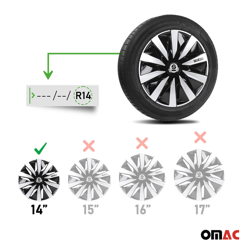 SPARCO Jeu Enjoliveurs de Roues 14 Pouces Argenté Noir en ABS 4 piéces