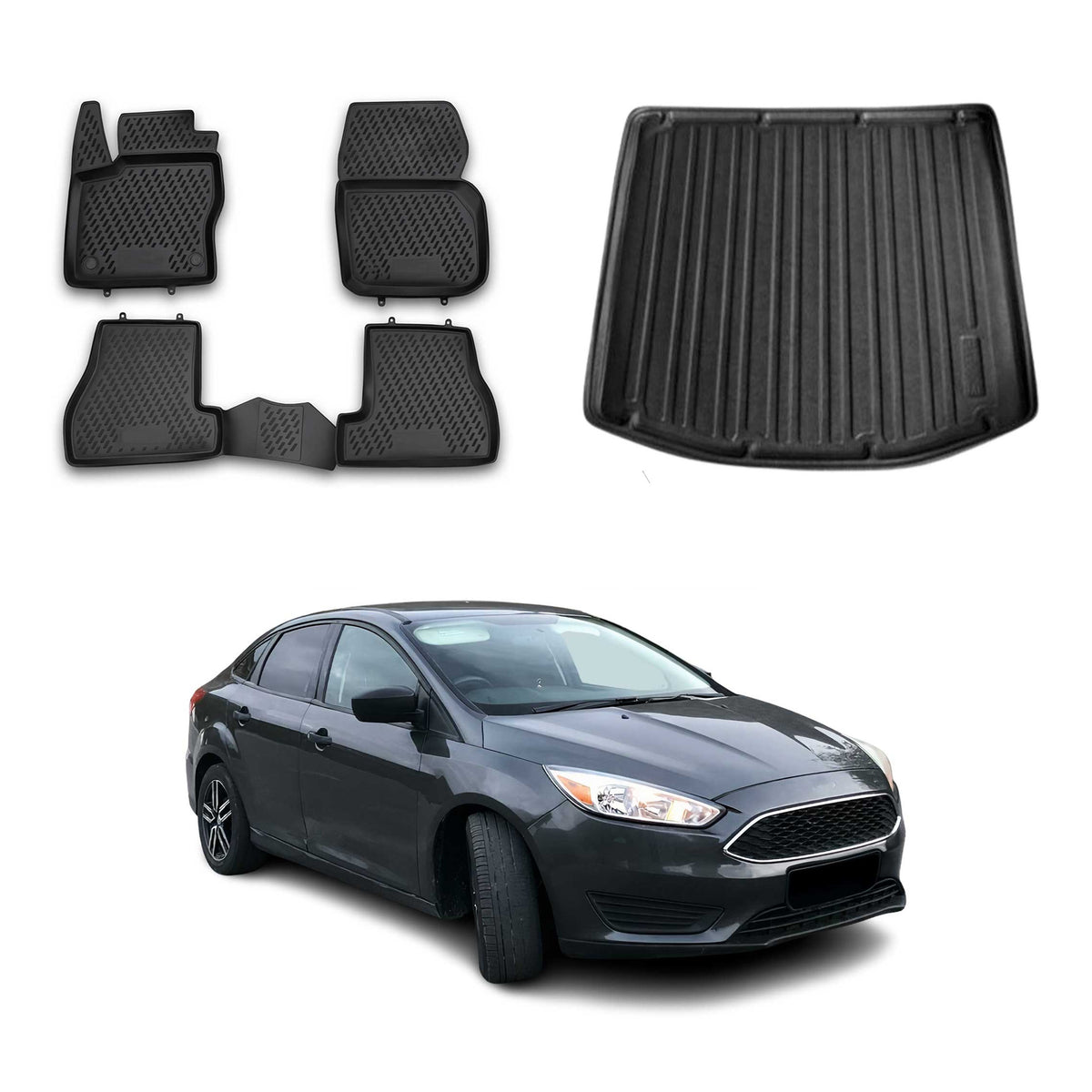 Kit Tapis de Sol et Coffre pour Ford Focus mk3 Berline 2011-2018 Noir Noir TPE