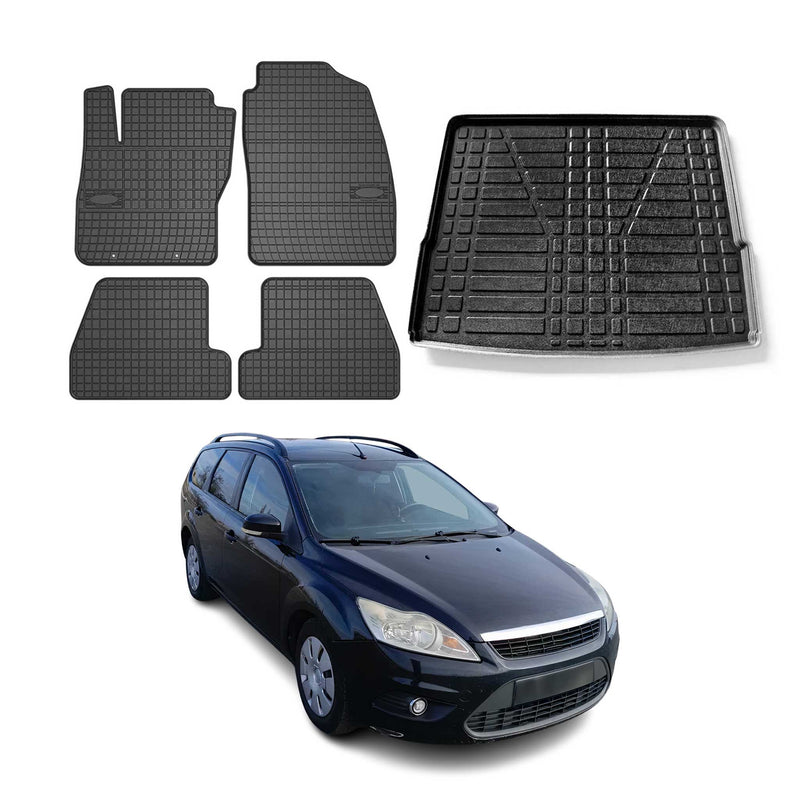 Kit Tapis de sol et coffre pour Ford Focus mk2 2004-2011 Break TPE Noir