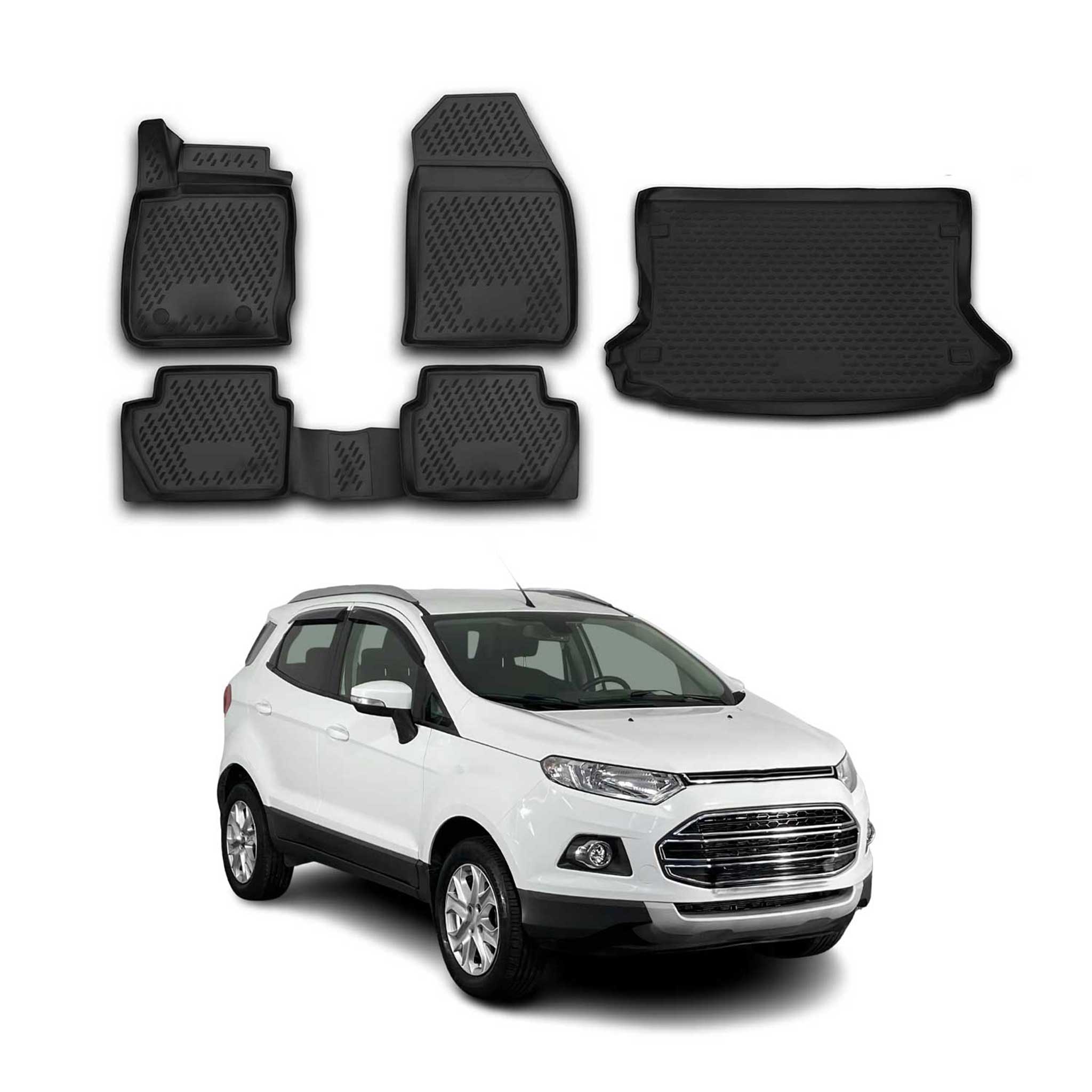 Kit Tapis de sol et coffre pour Ford Ecosport 2014-2017 en Caoutchouc TPE Noir