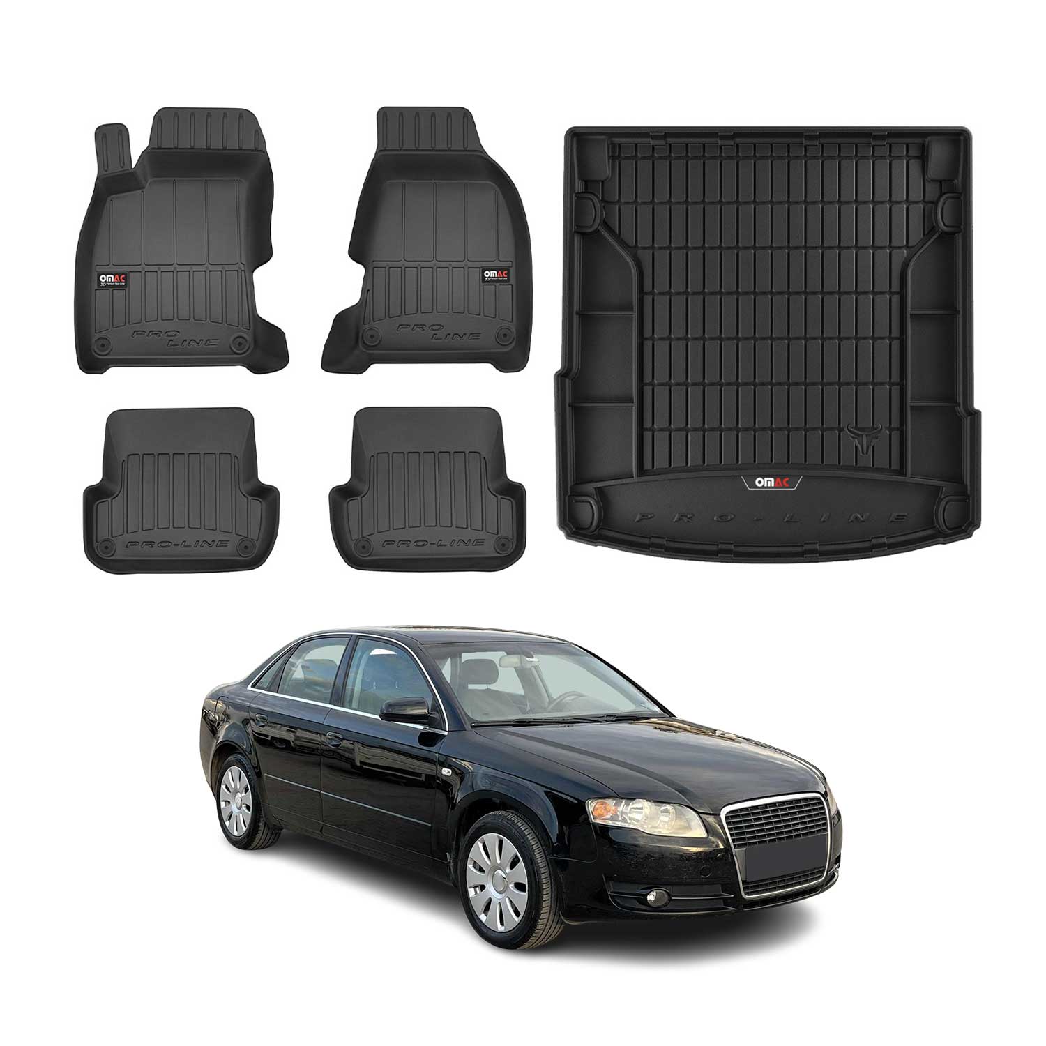 OMAC Kit Tapis de sol et coffre pour Audi A4 B7 Berline 2004-08 Premium Noir
