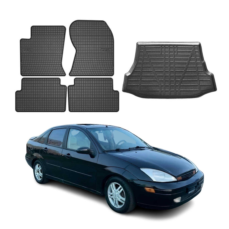 Kit Tapis de sol et coffre pour Ford Focus mk1 1998-2004 Berline TPE Noir