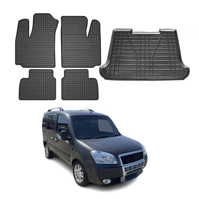 Kit Tapis de sol et coffre pour Fiat Doblo 2000-2010 en Caoutchouc Noir