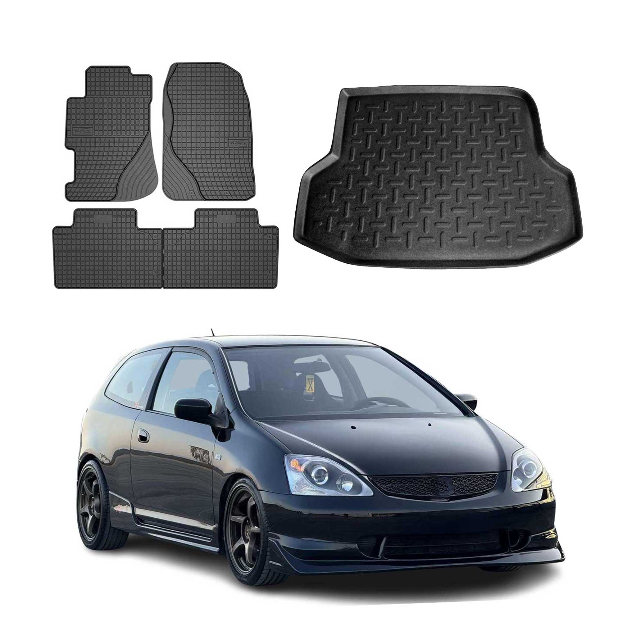 Kit Tapis de sol et coffre pour Honda Civic VII 2000-2006 Berline TPE Noir