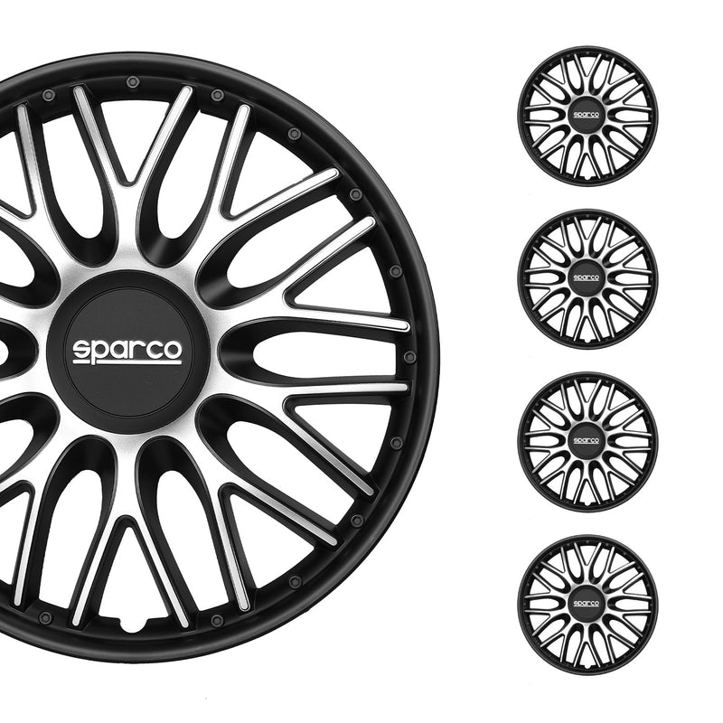 SPARCO Jeu Enjoliveurs de Roues 16 Pouces Argenté Noir en ABS 4 piéces