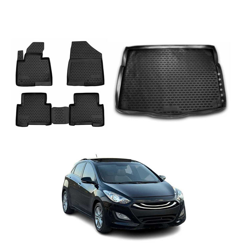 Kit Tapis de sol et coffre pour Hyundai i30 2012-2017 en Caoutchouc TPE Noir