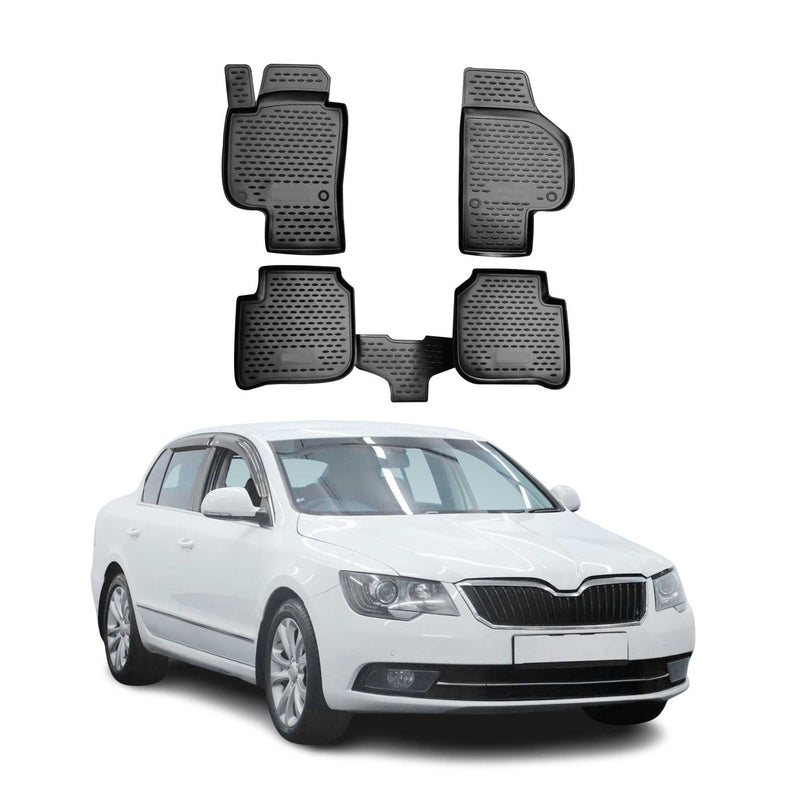 Tapis de sol pour Skoda Superb 2009-2015 en caoutchouc TPE 3D Noir 4Pcs