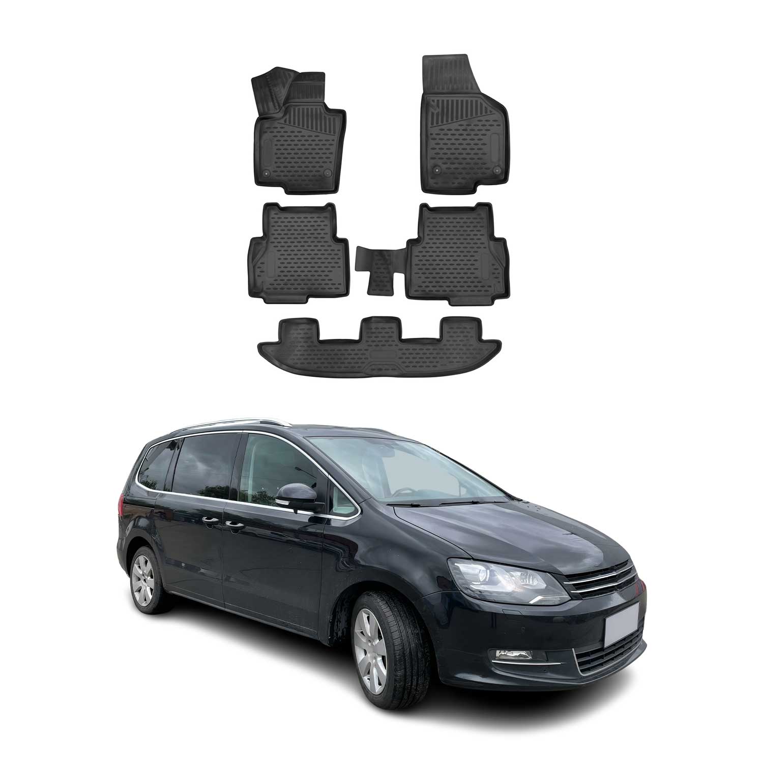 Tapis de sol pour VW Sharan 2010-2015 en caoutchouc TPE 3D Noir 5Pcs