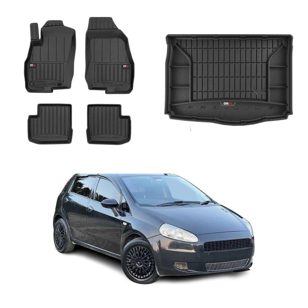 OMAC Kit Tapis de Sol et Coffre pour Fiat Grande Punto 2005-2009 Noir