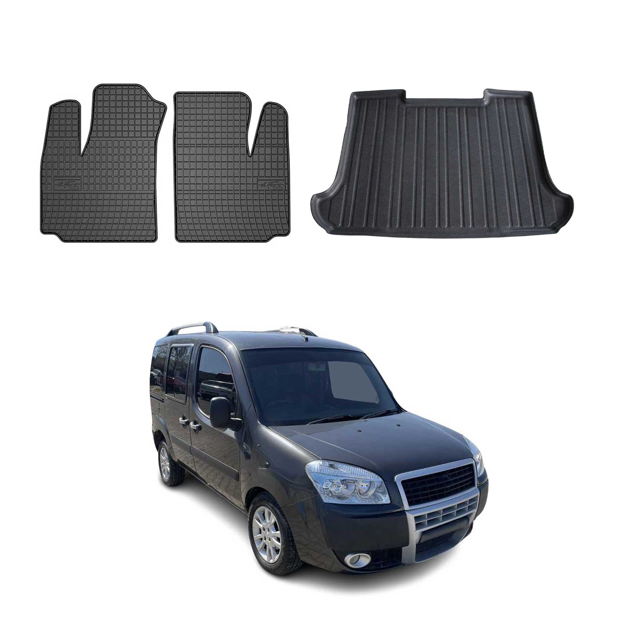 Kit Tapis de sol et coffre pour Fiat Doblo 2000-2010 TPE Noir