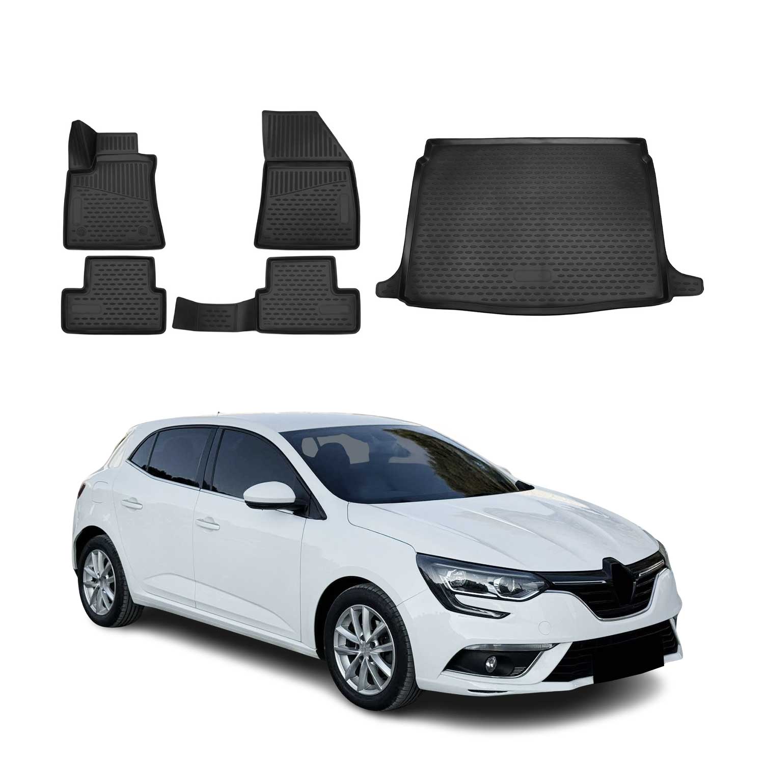 Kit Tapis de sol et coffre pour Renault Megane 2016-2022 HB en Caoutchouc Noir