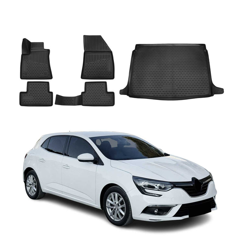 Kit Tapis de sol et coffre pour Renault Megane 2016-2020 HB en Caoutchouc Noir