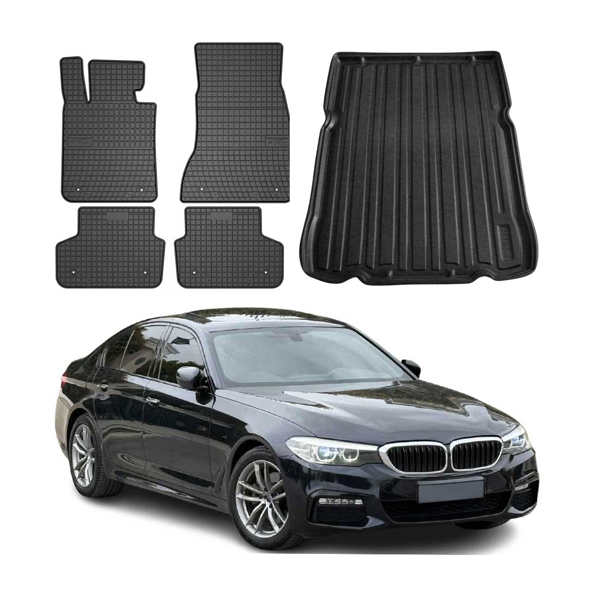 Kit Tapis de sol et coffre pour BMW Série 5 G30 2016-23 M5 F90 2018-23 Noir TPE
