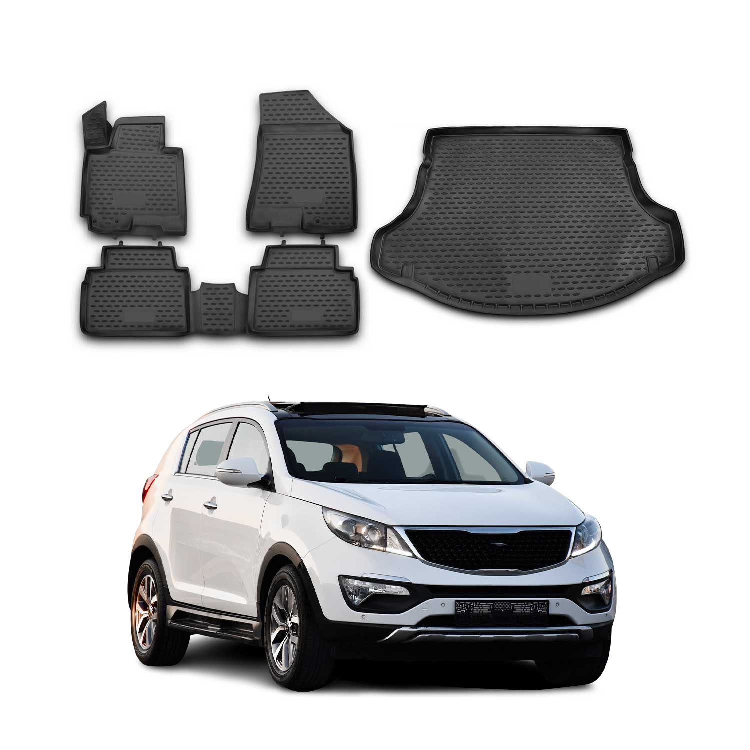 Kit Tapis de sol et coffre pour Kia Sportage 2010-2016 en Caoutchouc TPE Noir