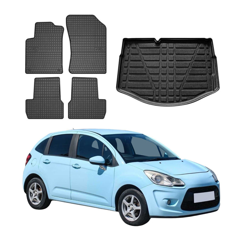 Kit Tapis de sol et coffre pour Citroen C3 2009-2016 HB TPE Noir