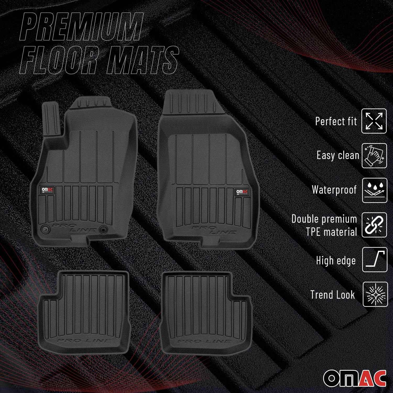 OMAC Tapis de sol sur mesure noir pour Fiat Grande Punto 2005-2009 4 pcs enTPE