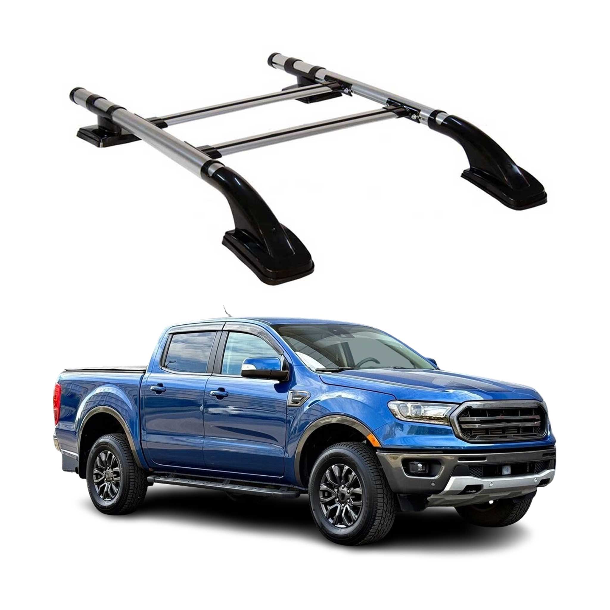 KIT Barres de toit trans+long pour Ford Ranger T6 2012-2022 DoubleCab Alu Gris