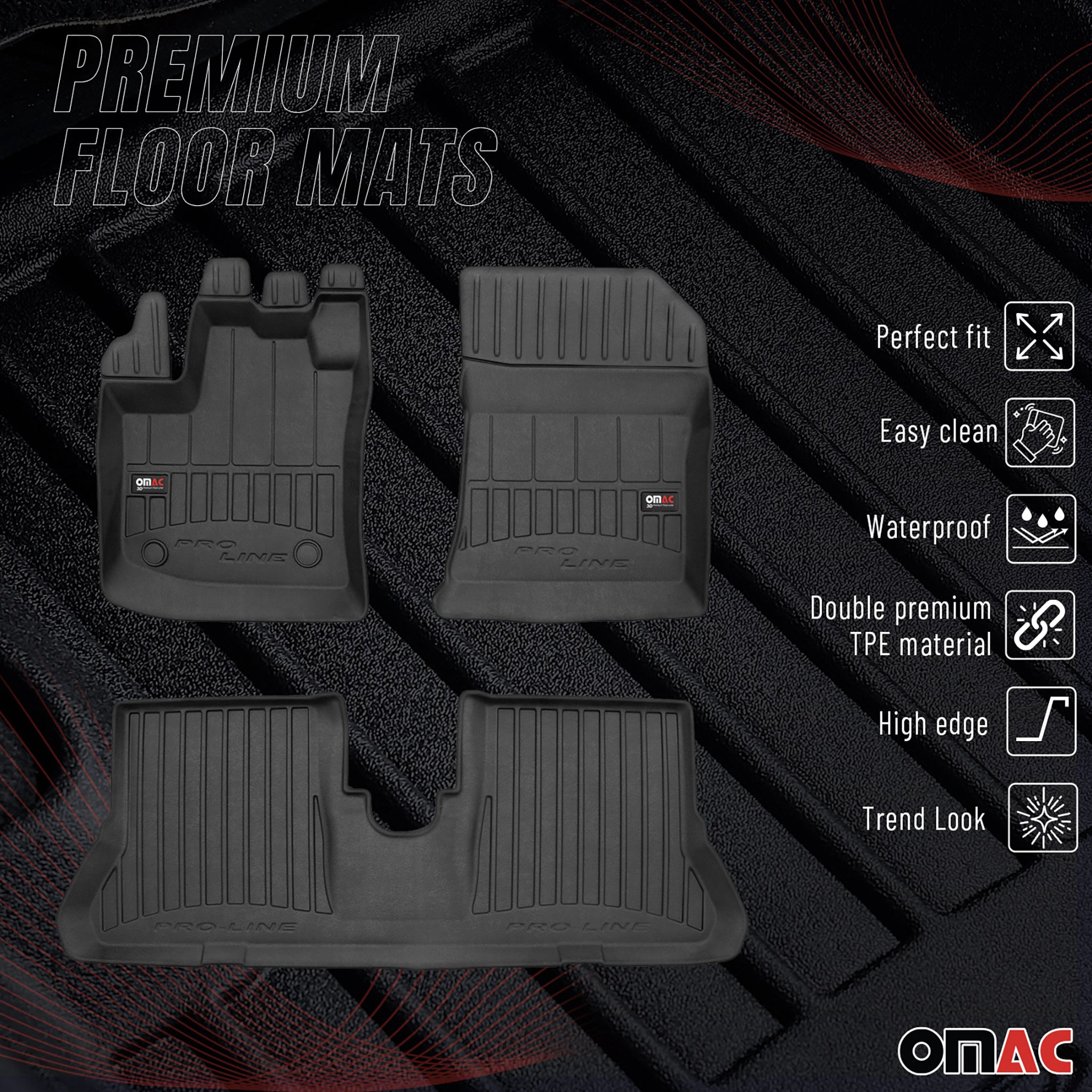 OMAC Tapis de sol sur mesure noir pour Dacia Dokker 2012-2021 3 pièces en TPE
